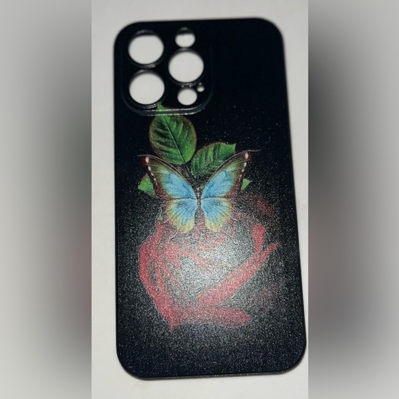 iPhone 13 Pro Black W/ Butterfly Rose Art Silicone Soft Protective Phone Case - Picture 2 of 6